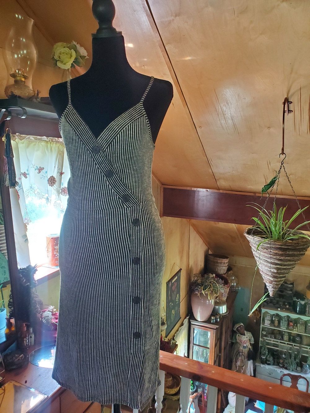 Black and White Striped Spaghetti‑Strap Wrap Midi Dress